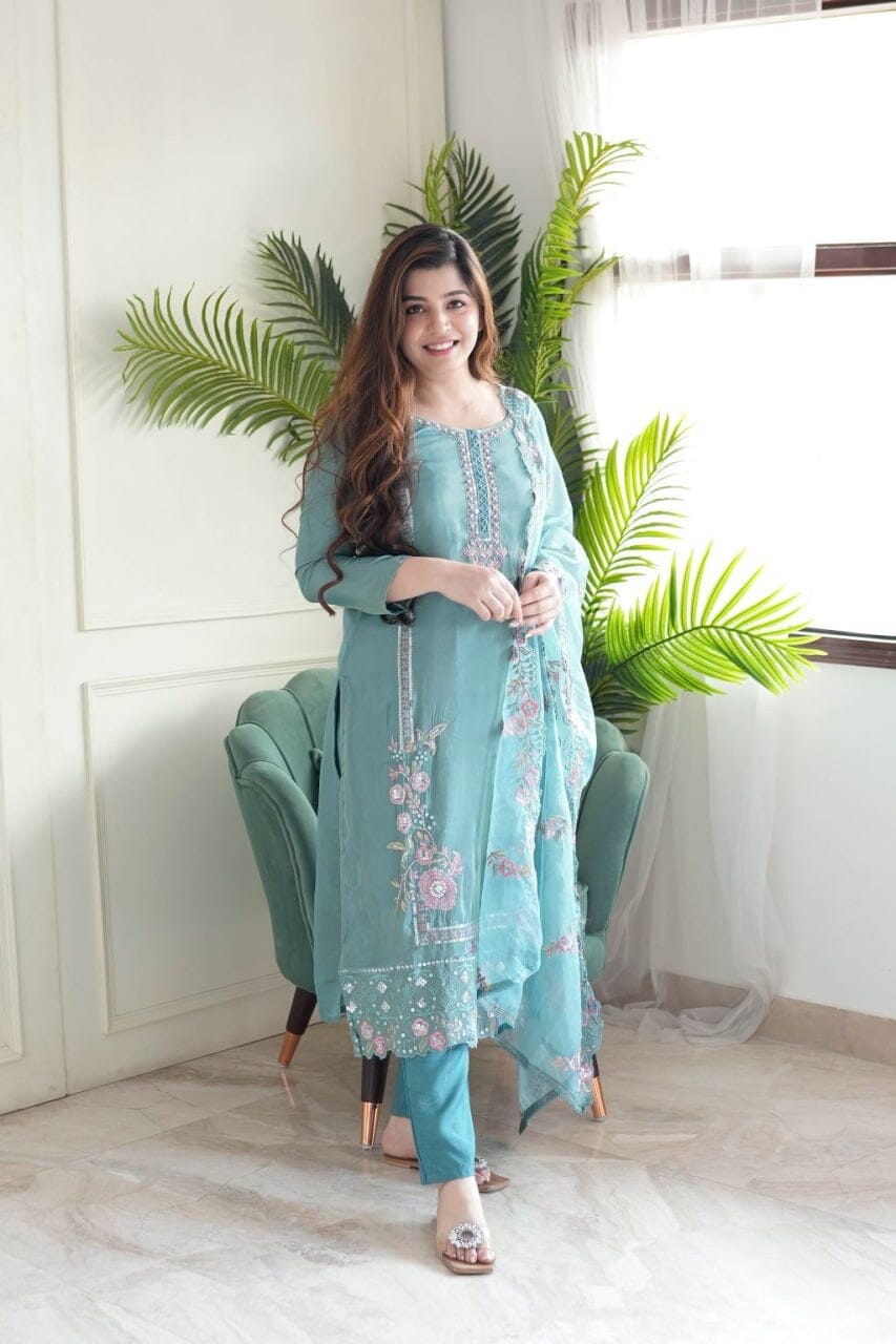 Light Blue Pure Chinnon Designer Suit with Lace Dupatta Ready Made Designer Suits Shopin Di Apparels 