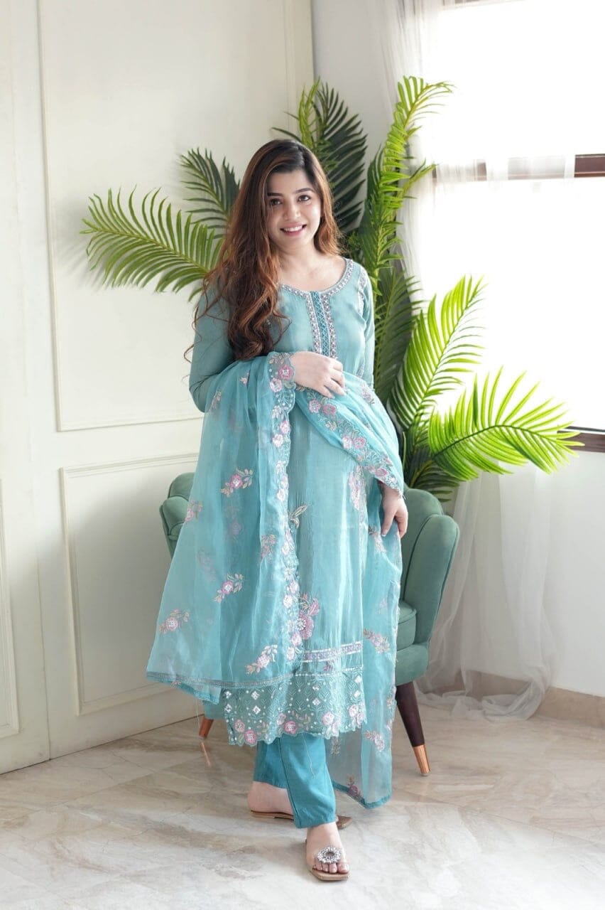 Light Blue Pure Chinnon Designer Suit with Lace Dupatta Ready Made Designer Suits Shopin Di Apparels 