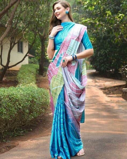 Light Blue Satin Silk Saree with Blouse Satin Saree Shopin Di Apparels 