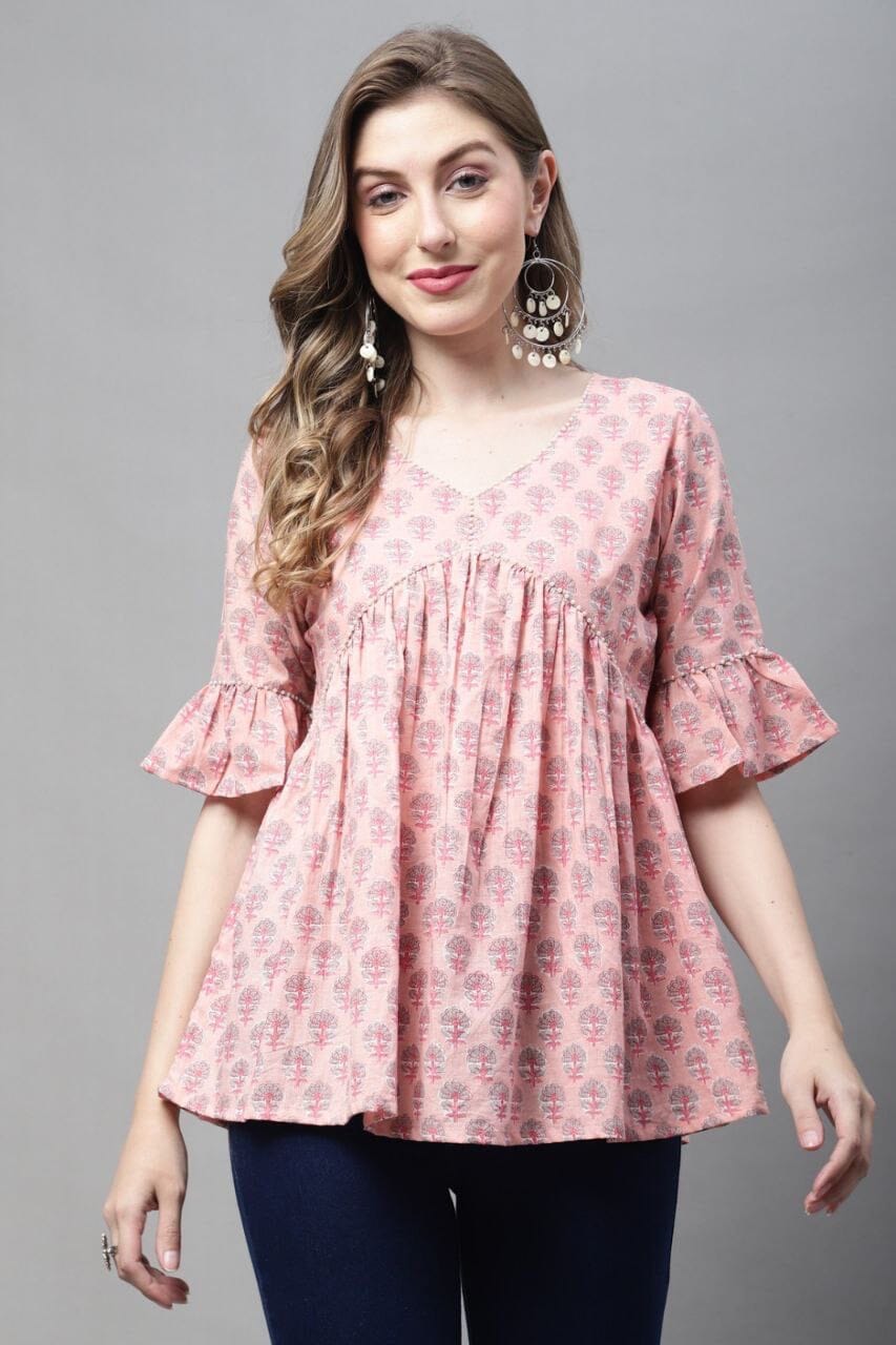 Light Pink Pure Cotton Printed Western Top Western Top Shopin Di Apparels 