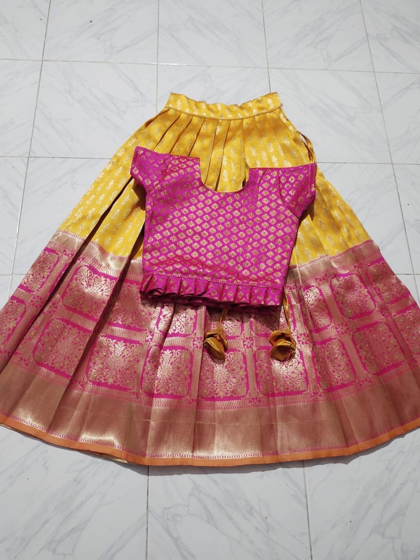 Mango Pink Silk Kid's Lehenga Festival Wear Pavadai Sattai 3 colors Kid's Lehenga Shopindiapparels.com 