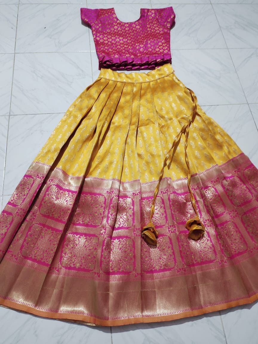 Mango Pink Silk Kid's Lehenga Festival Wear Pavadai Sattai 3 colors Kid's Lehenga Shopindiapparels.com 