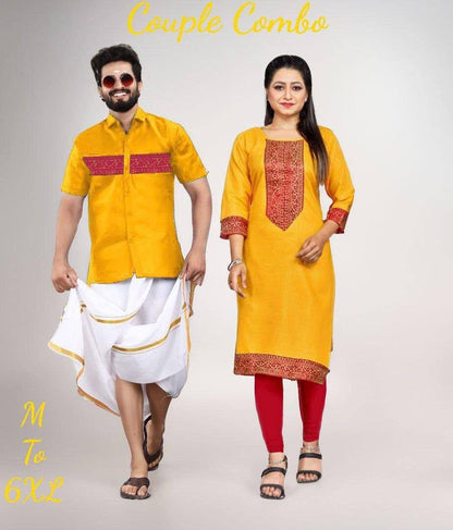 Mango Yellow Cotton Slub with Jaquard Lace Kurti & Kurta Couple Combo Combo Shopin Di Apparels 