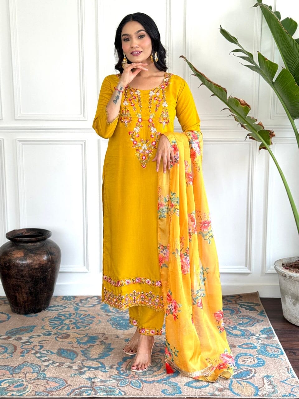 Mango Yellow Embroidered Chanderi Top with Silk Dupatta and Pant set Kurti with Bottom and Dupatta Shopin Di Apparels 