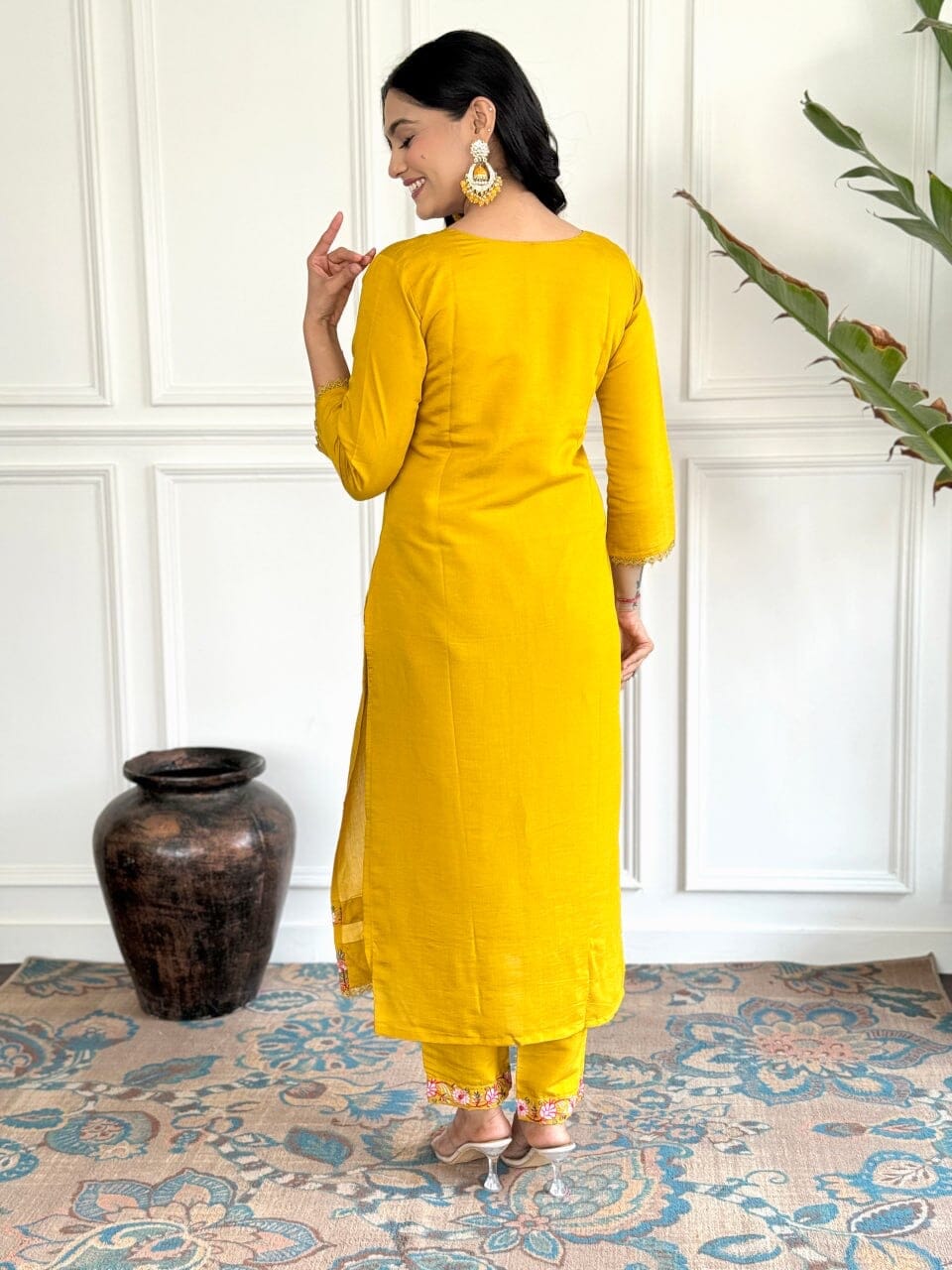 Mango Yellow Embroidered Chanderi Top with Silk Dupatta and Pant set Kurti with Bottom and Dupatta Shopin Di Apparels 