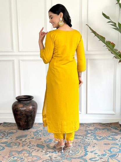 Mango Yellow Embroidered Chanderi Top with Silk Dupatta and Pant set Kurti with Bottom and Dupatta Shopin Di Apparels 