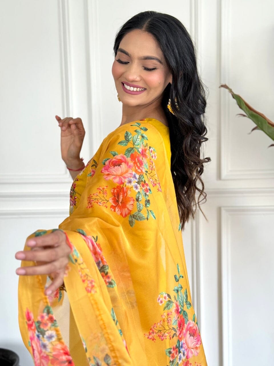 Mango Yellow Embroidered Chanderi Top with Silk Dupatta and Pant set Kurti with Bottom and Dupatta Shopin Di Apparels 