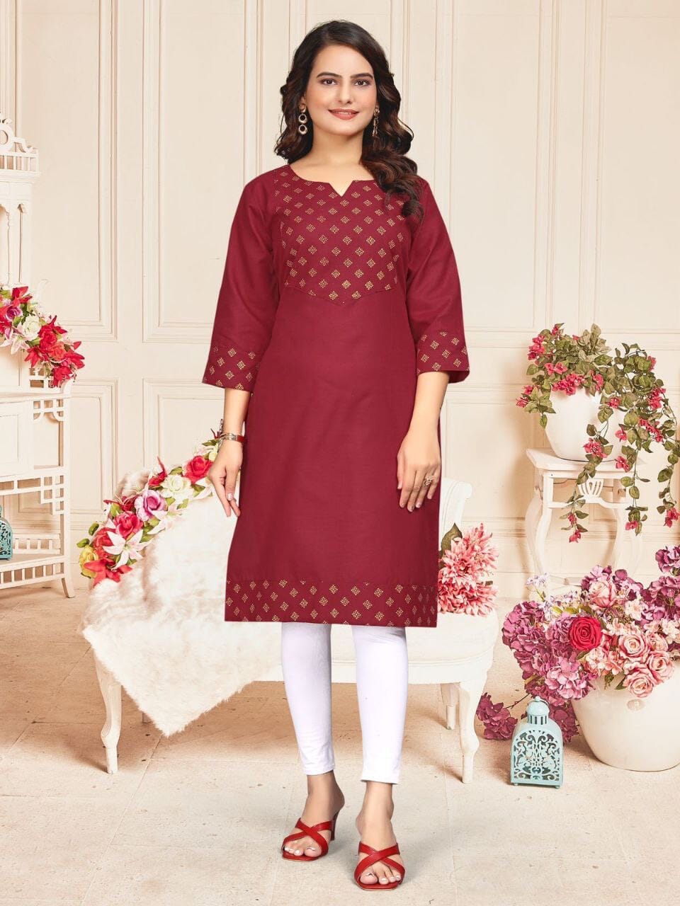 Maroon Cotton Kurti with Foil Print Kurti Shopin Di Apparels 