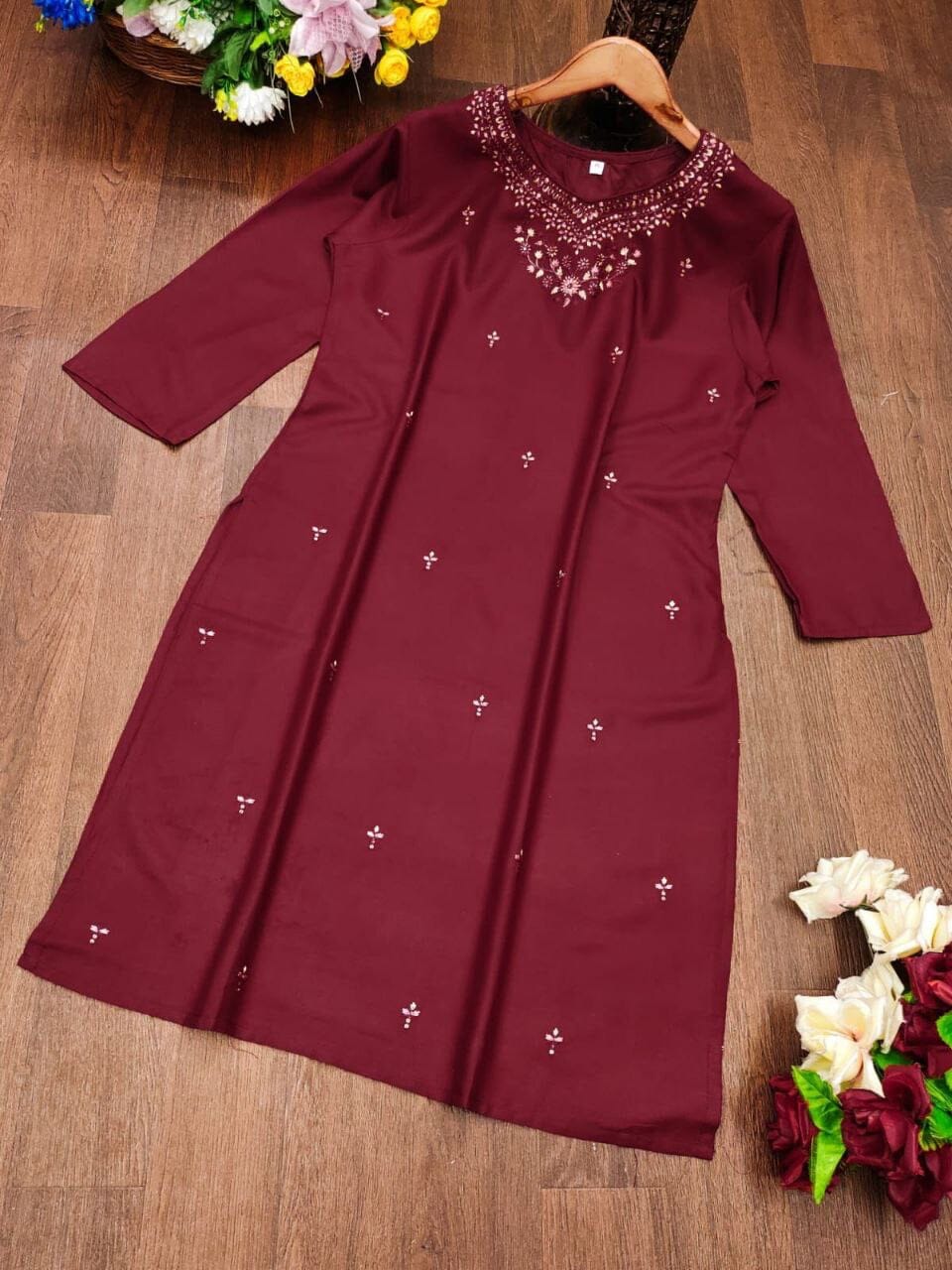 Maroon DHAMAKA Rayon Embroidered Kurti Kurti Shopin Di Apparels 