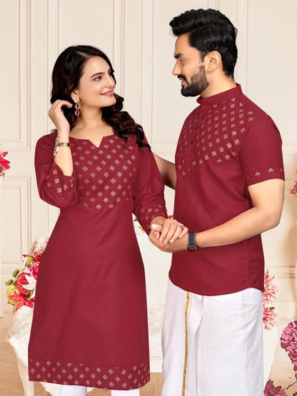 Maroon Foil Print Cotton Kurti & Kurta Couple Combo Combo Shopin Di Apparels 