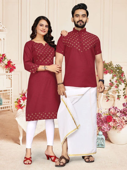 Maroon Foil Print Cotton Kurti & Kurta Couple Combo Combo Shopin Di Apparels 