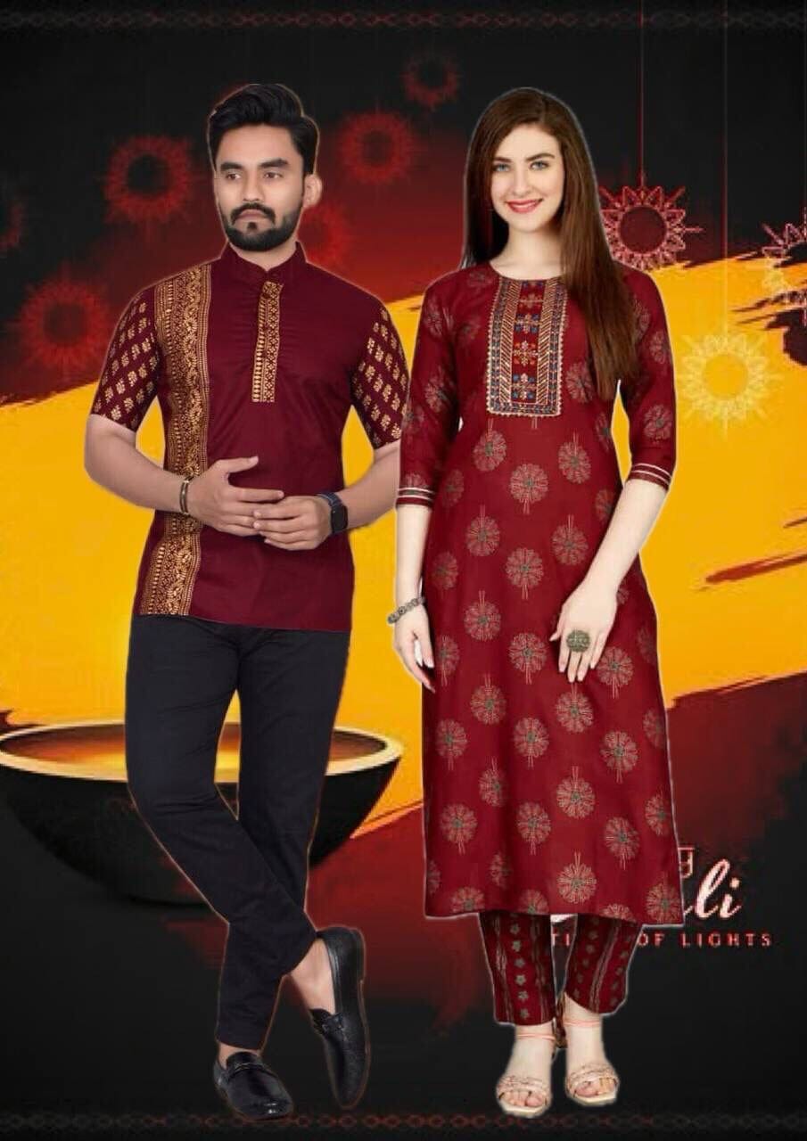 Maroon Magic Cotton Foil Printed Kurti & Pant Set with Men Shirt Combo Combo Shopin Di Apparels 