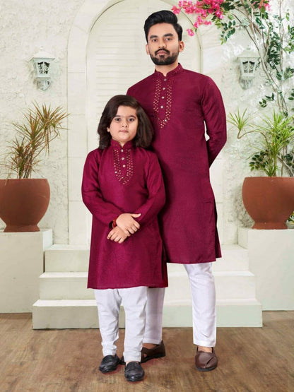 Maroon Men's & Kids Traditional wear Kurtas Pyjamas Combo Combo Shopin Di Apparels 