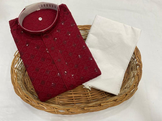 Maroon Men’s Rayon Chikankari work Kurta with Pajama Set Men’s Shirt Shopin Di Apparels 