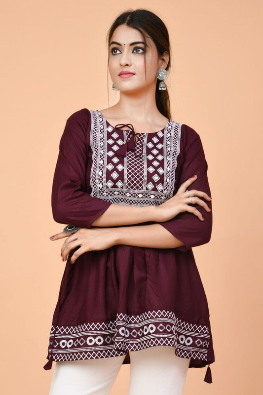 Maroon Rayon Embroidered Kurti Short Top Kurti Shopin Di Apparels 