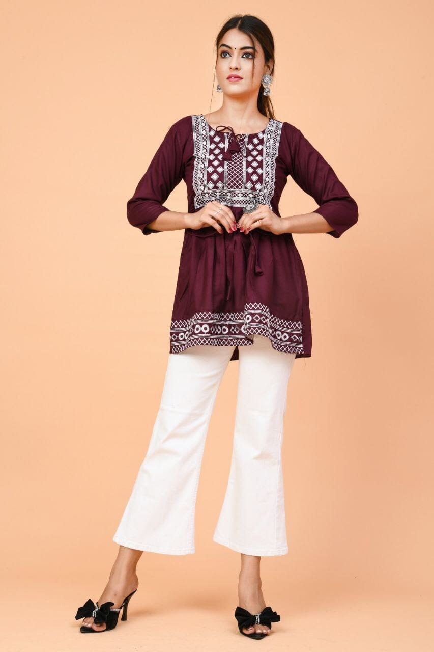 Maroon Rayon Embroidered Kurti Short Top Kurti Shopin Di Apparels 