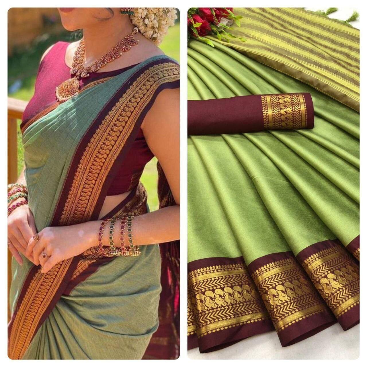 Mehendi Green Aura Silk Saree with matching blouse Silk Cotton Saree Shopin Di Apparels 