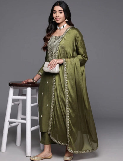 Mehendi Green Chanderi Viscose Kurti with Chanderi Dupatta and Pant set Kurti with Bottom and Dupatta Shopin Di Apparels 