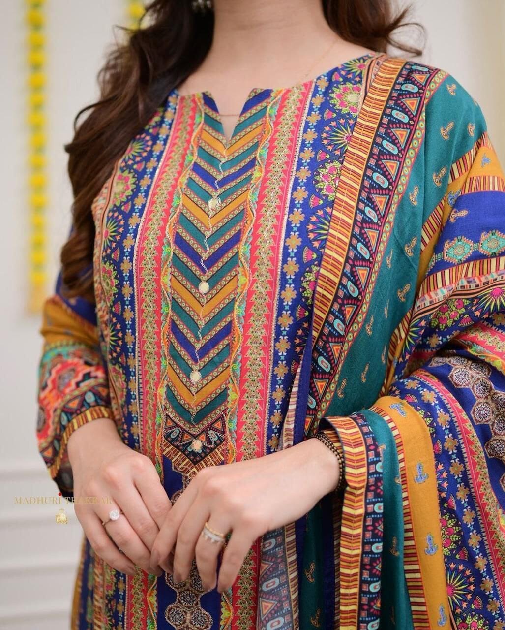 Multicoloured print with Embroidered Kurti with Dupatta and Pant Set Kurti with Bottom and Dupatta Shopin Di Apparels 