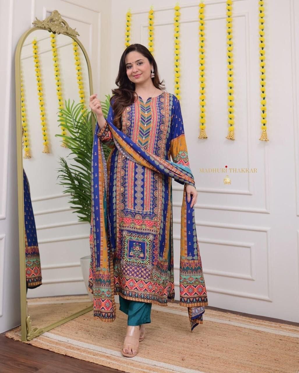 Multicoloured print with Embroidered Kurti with Dupatta and Pant Set Kurti with Bottom and Dupatta Shopin Di Apparels 