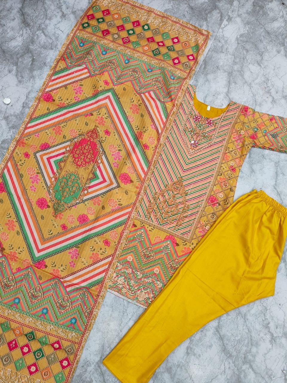 Mustard Muslin Kurti with Pant and Dupatta Set Kurti with Bottom and Dupatta Shopin Di Apparels 