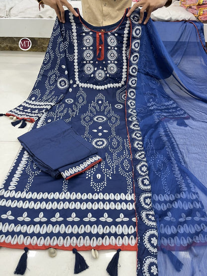 Navy Blue Beautiful Neck hand Work Printed and Moti Mala work Suit Ready Made Designer Suits Shopin Di Apparels 