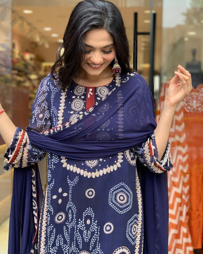 Navy Blue Beautiful Neck hand Work Printed and Moti Mala work Suit Ready Made Designer Suits Shopin Di Apparels 