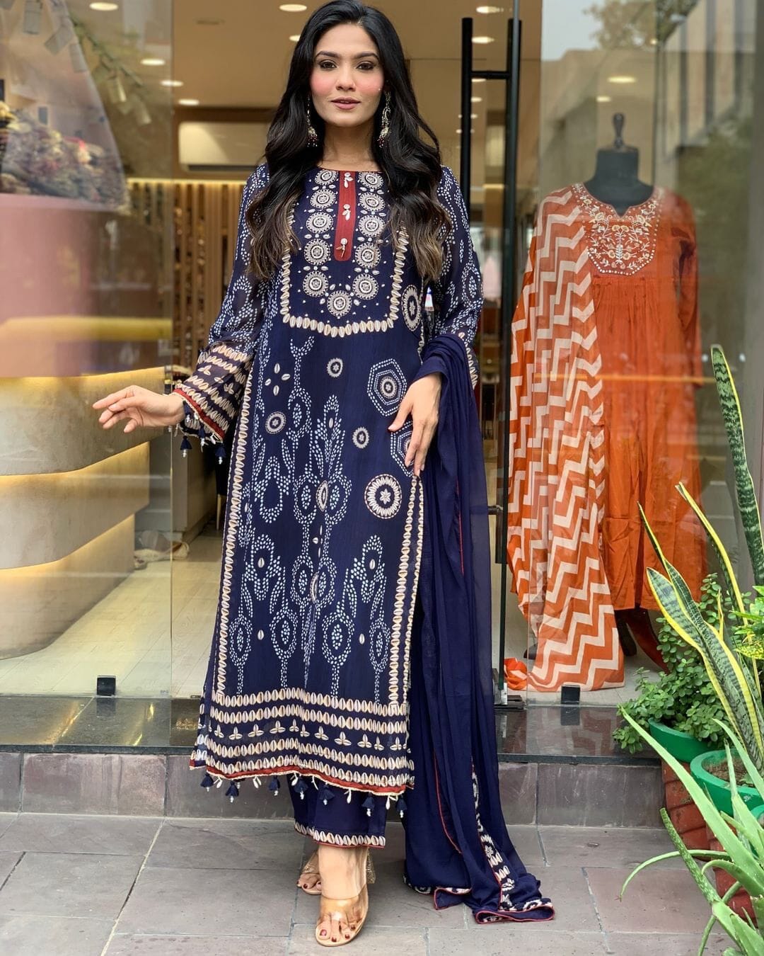 Navy Blue Beautiful Neck hand Work Printed and Moti Mala work Suit Ready Made Designer Suits Shopin Di Apparels 