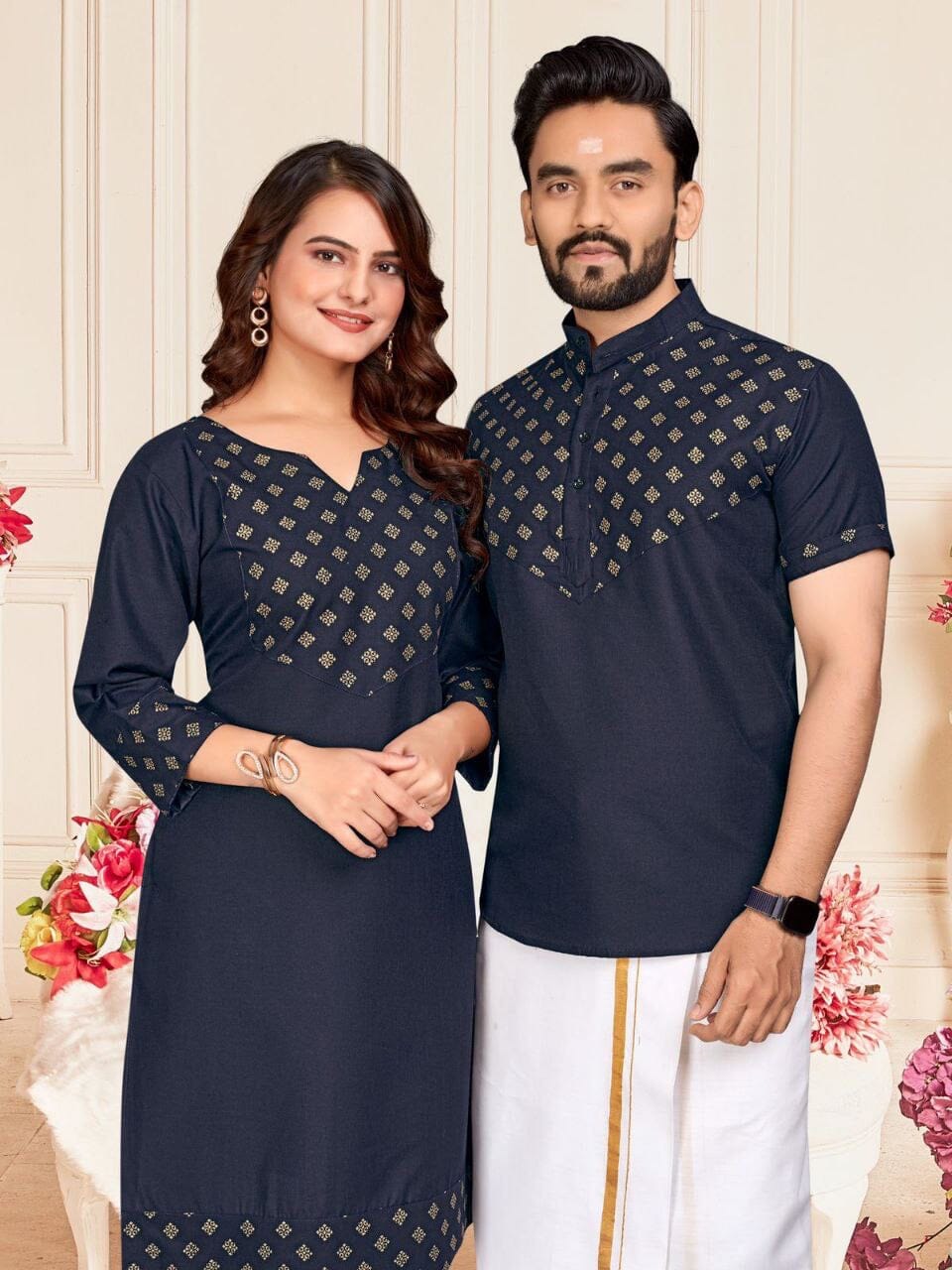 Navy Blue Foil Print Cotton Kurti & Kurta Couple Combo Combo Shopin Di Apparels 