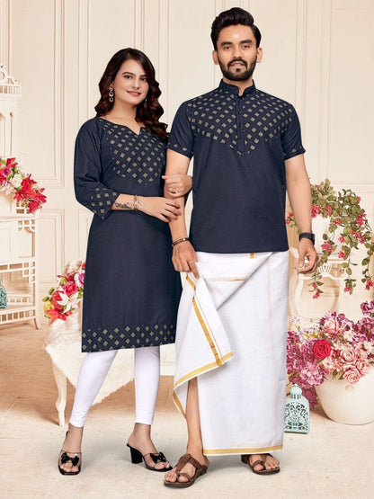 Navy Blue Foil Print Cotton Kurti & Kurta Couple Combo Combo Shopin Di Apparels 