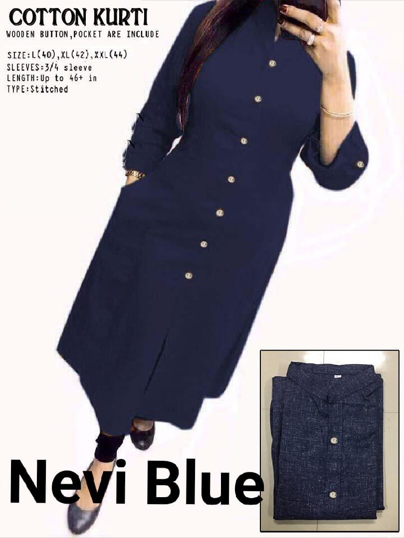 Navy Blue Plain Collar Cotton Kurti with Button and Pockets Kurti Shopin Di Apparels 