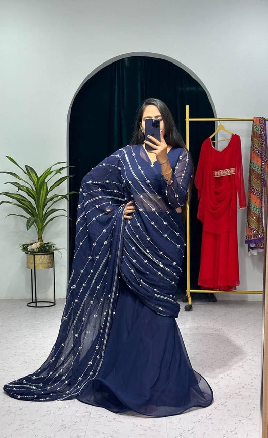 Navy Blue Ready to Wear Lehenga Saree Ready to Wear Saree Shopin Di Apparels 