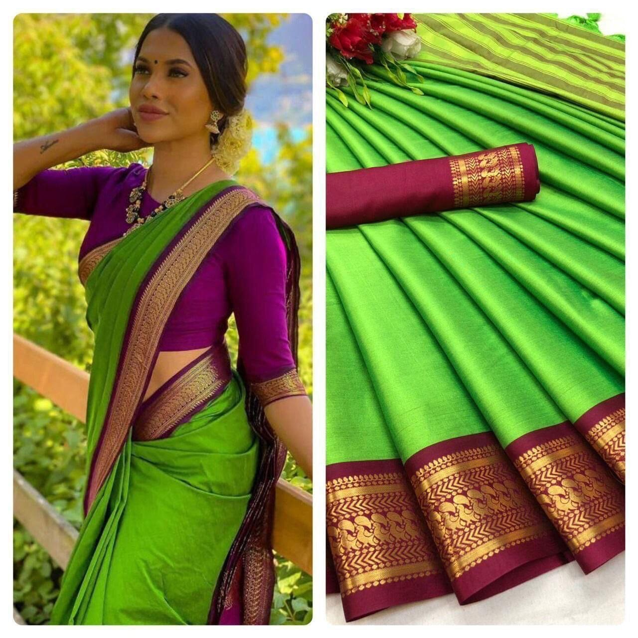 Neon Green Aura Silk Saree with matching blouse Silk Cotton Saree Shopin Di Apparels 