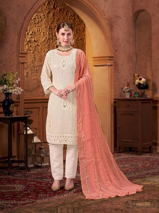 Off White Party wear Georgette Heavy embroidered Designer Suit Ready Made Designer Suits Shopin Di Apparels 