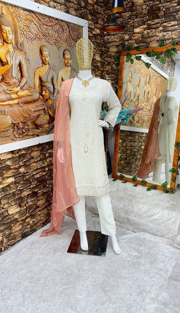 Off White Party wear Georgette Heavy embroidered Designer Suit Ready Made Designer Suits Shopin Di Apparels 