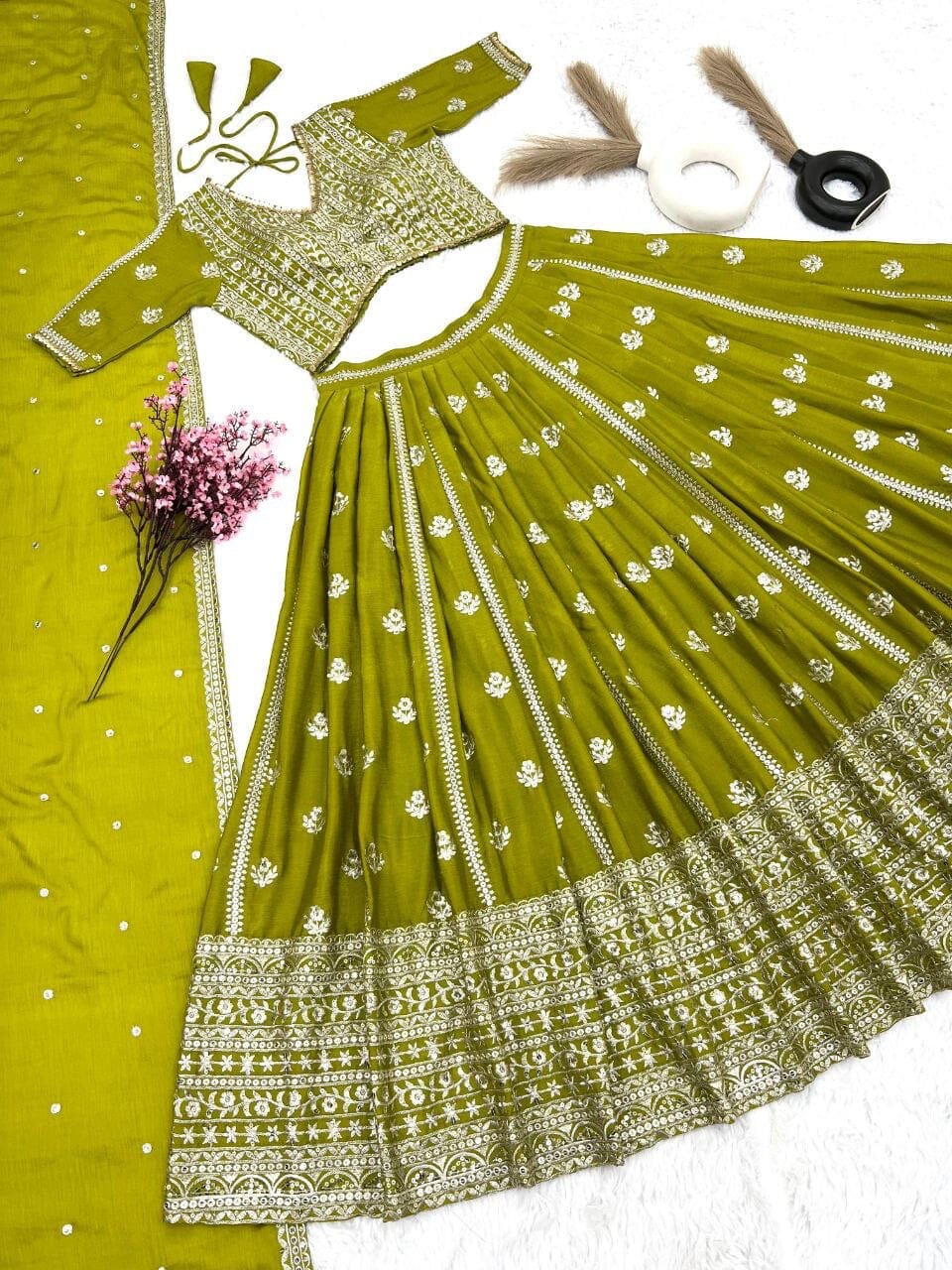Olive Green Heavy Embroidered Sequence work 3pc Lehenga Suit 3pc Lehenga's Shopin Di Apparels 