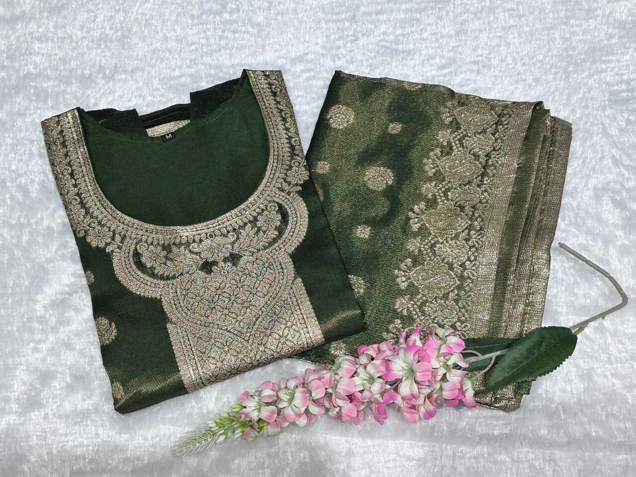 Olive Green Jeqard Silk Kurti with Dupatta Kurti & Dupatta Shopin Di Apparels 