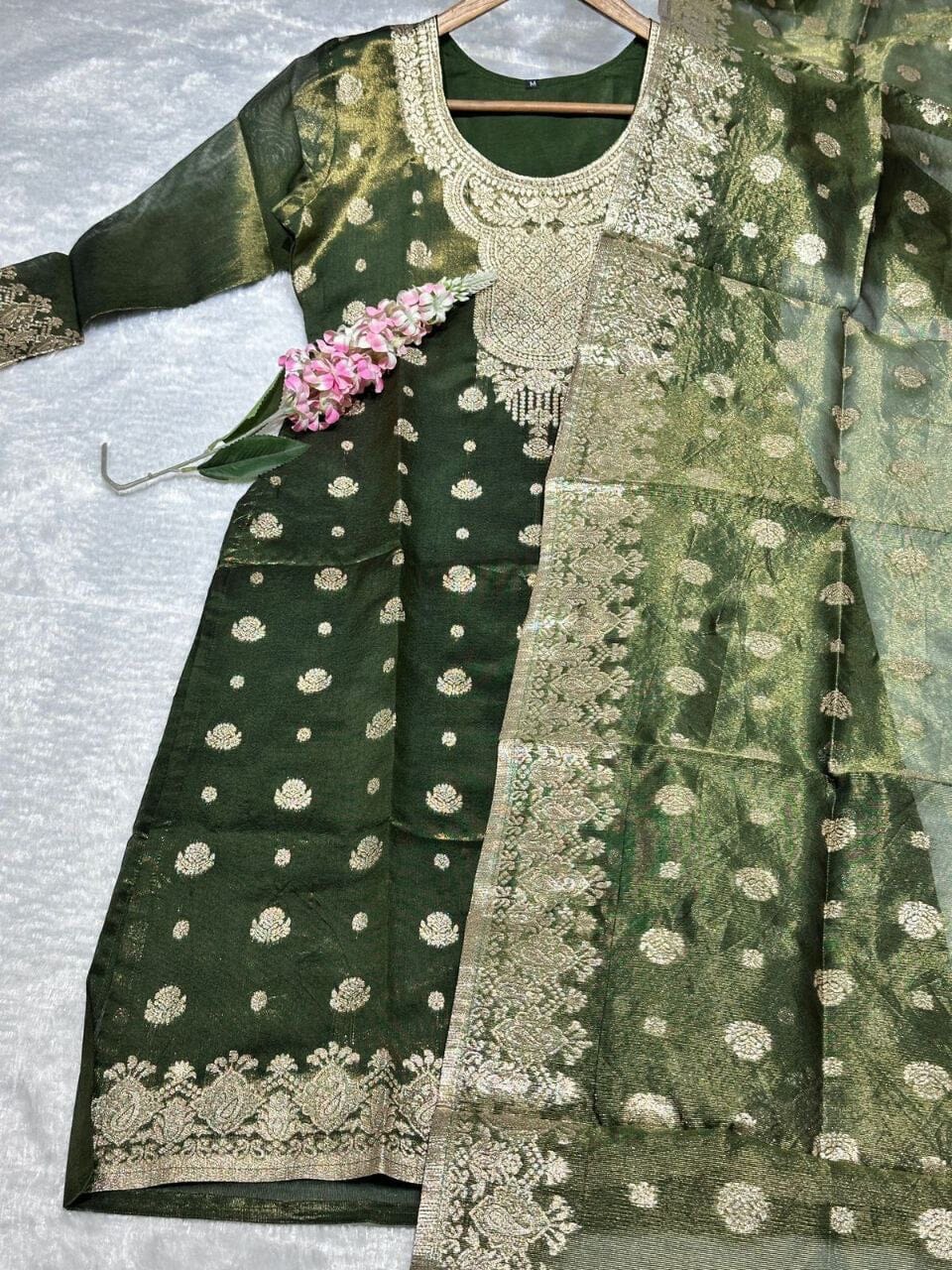 Olive Green Jeqard Silk Kurti with Dupatta Kurti & Dupatta Shopin Di Apparels 