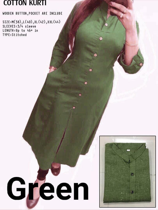 Olive Green Plain Collar Cotton Kurti with Button and Pockets Kurti Shopin Di Apparels 