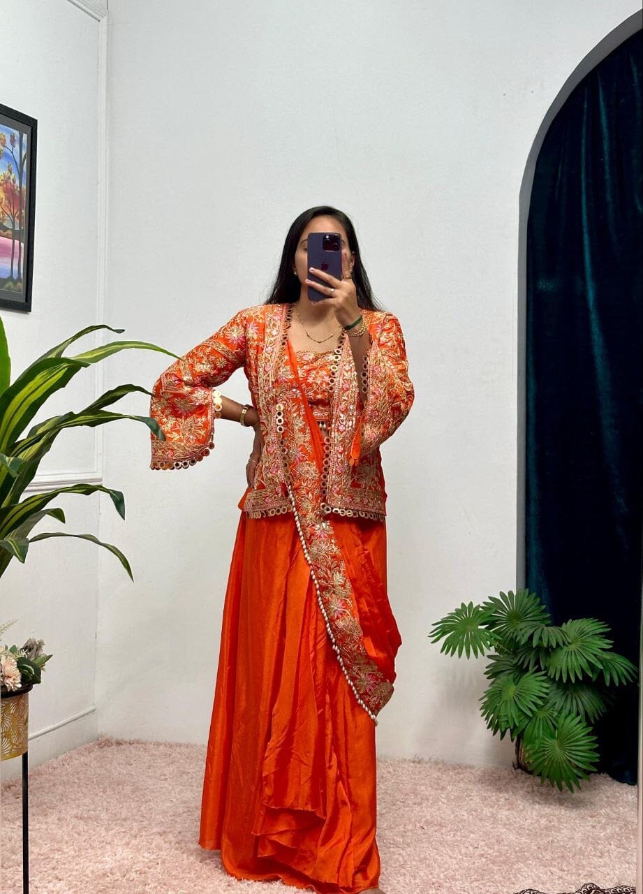 Orange Indo Western Drape Ready to wear Saree with Koti Ready to Wear Saree Shopin Di Apparels 