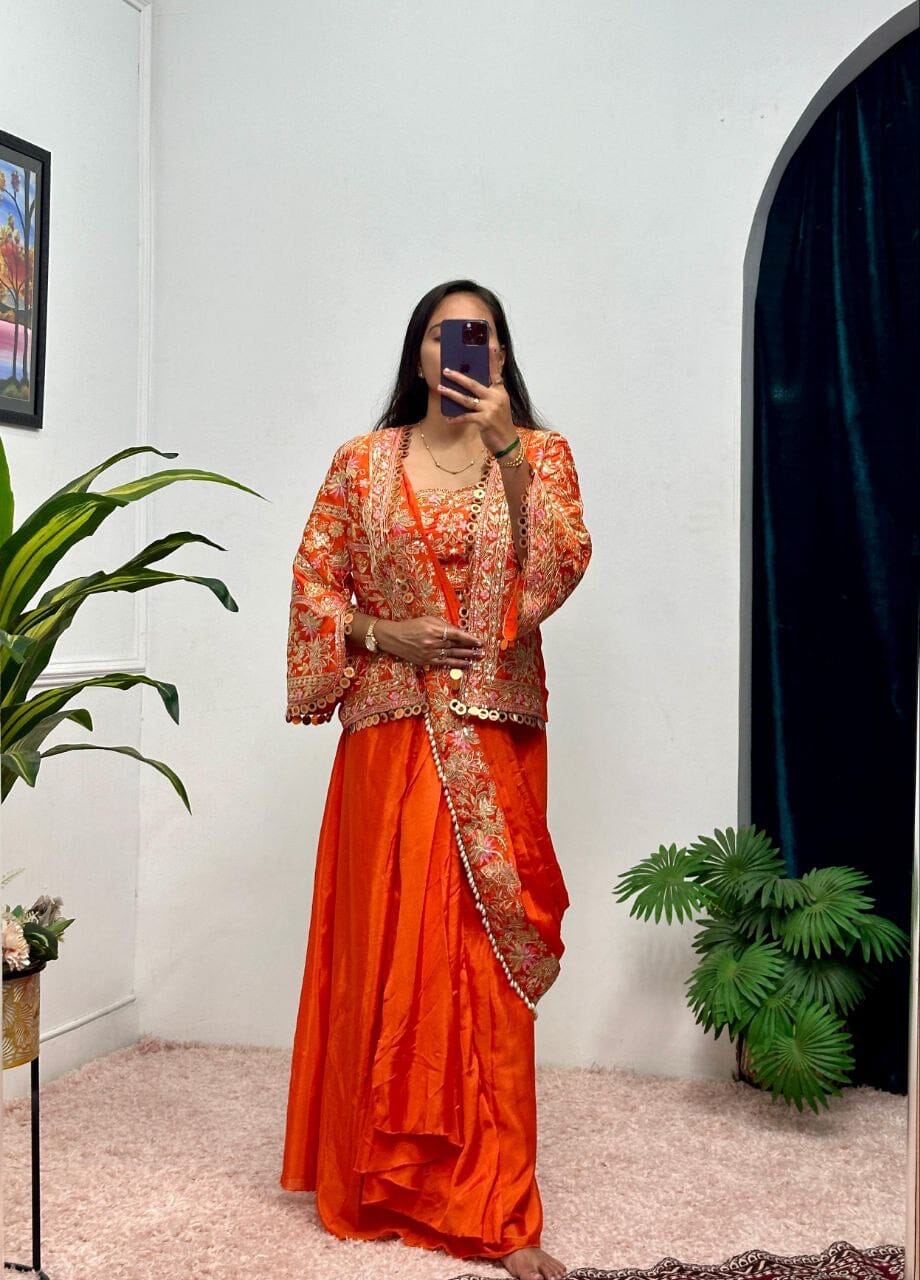 Orange Indo Western Drape Ready to wear Saree with Koti Ready to Wear Saree Shopin Di Apparels 