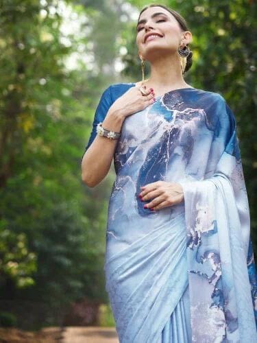 Pastel Blue Satin Silk Saree with Blouse Satin Saree Shopin Di Apparels 