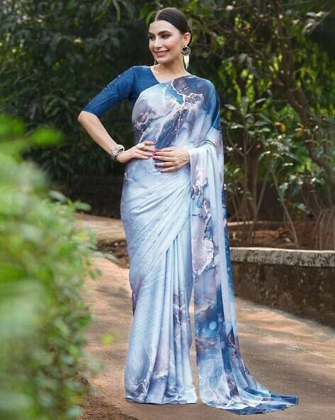 Pastel Blue Satin Silk Saree with Blouse Satin Saree Shopin Di Apparels 