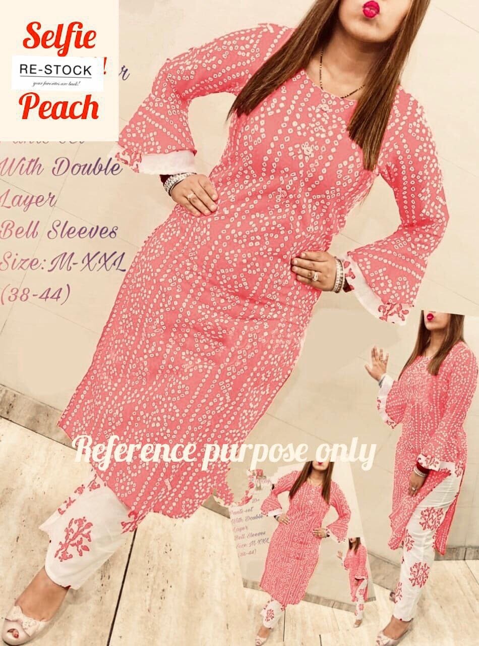 Peach Bandhej Printed Bell Sleeve Kurti with Plazzo set Kurti with plazzo Shopin Di Apparels 