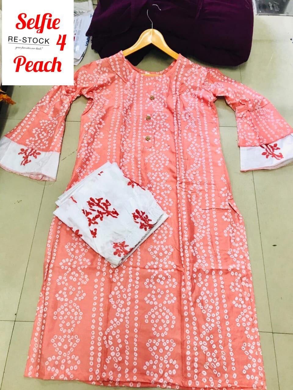 Peach Bandhej Printed Bell Sleeve Kurti with Plazzo set Kurti with plazzo Shopin Di Apparels 