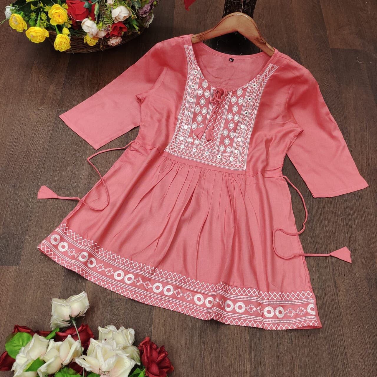 Peach Rayon Embroidered Kurti Short Top Kurti Shopin Di Apparels 