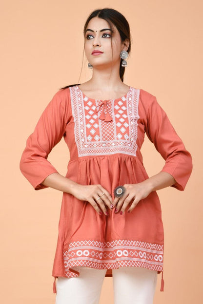 Peach Rayon Embroidered Kurti Short Top Kurti Shopin Di Apparels 