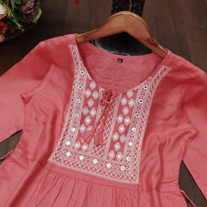 Peach Rayon Embroidered Kurti Short Top Kurti Shopin Di Apparels 