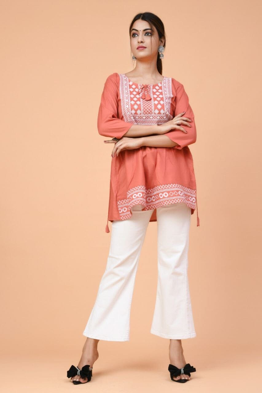 Peach Rayon Embroidered Kurti Short Top Kurti Shopin Di Apparels 