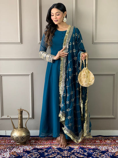 Peacock Blue Georgette Gown with Embroidered Dupatta and Silk Pant Ready Made Designer Suits Shopin Di Apparels 